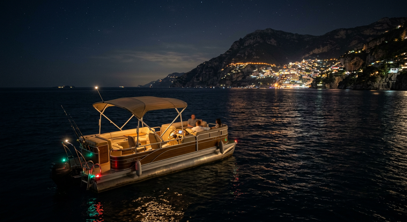 A pontoon boat idling in pitch black coastal waters with distant town lights on the horizon