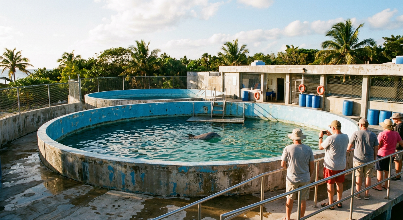 A barren concrete pool used for captive marine mammal encounters in a tourist facility
