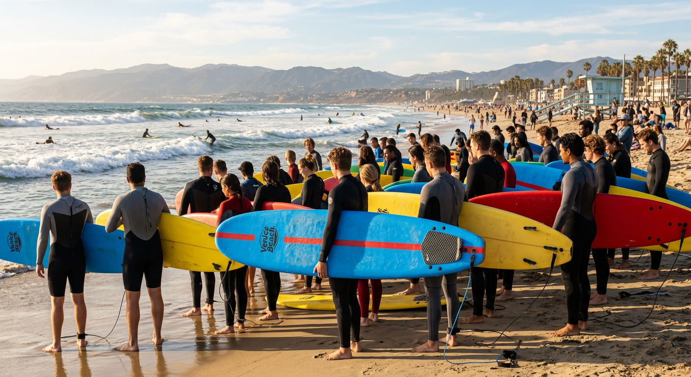 A crowded lineup of beginner surfers holding foam boards at Venice Beach
