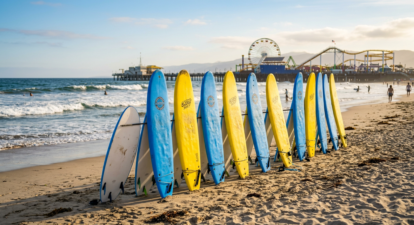 A row of blue and yellow foam surfboards resting on the sand at Santa Monica beach
