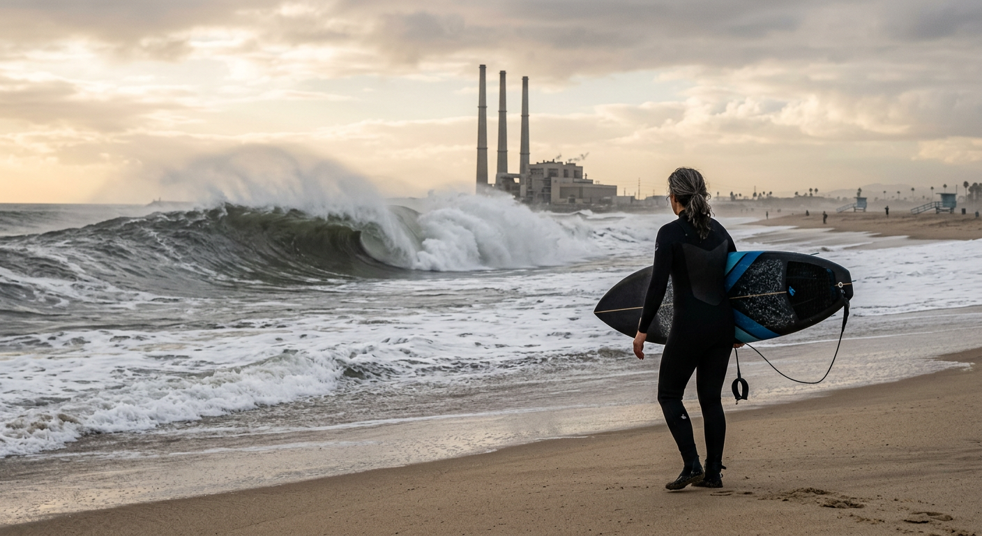 A surfer carrying a board looking at a heavy, grey winter wave breaking near the El Porto smokestacks in Los Angeles