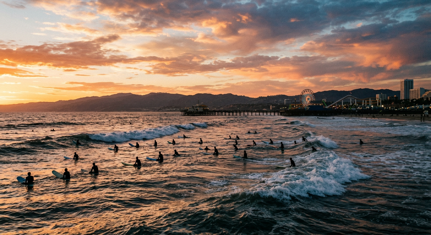 Silhouettes of beginners sitting on surfboards in the choppy waves off Los Angeles