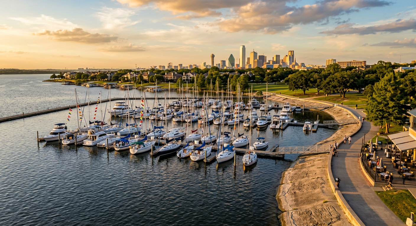 A marina in Dallas showing dark lake water surrounded by a concrete shoreline