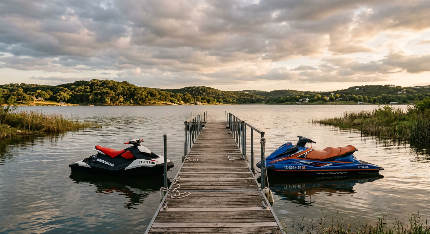 A pair of personal watercraft tied to a quiet wooden dock on a cloudy Texas lake