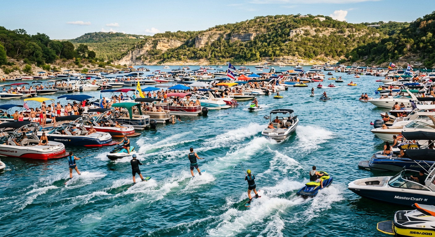 A crowded cove on a Texas lake filled with anchored boats, wakeboarders, and jet skis churning the water