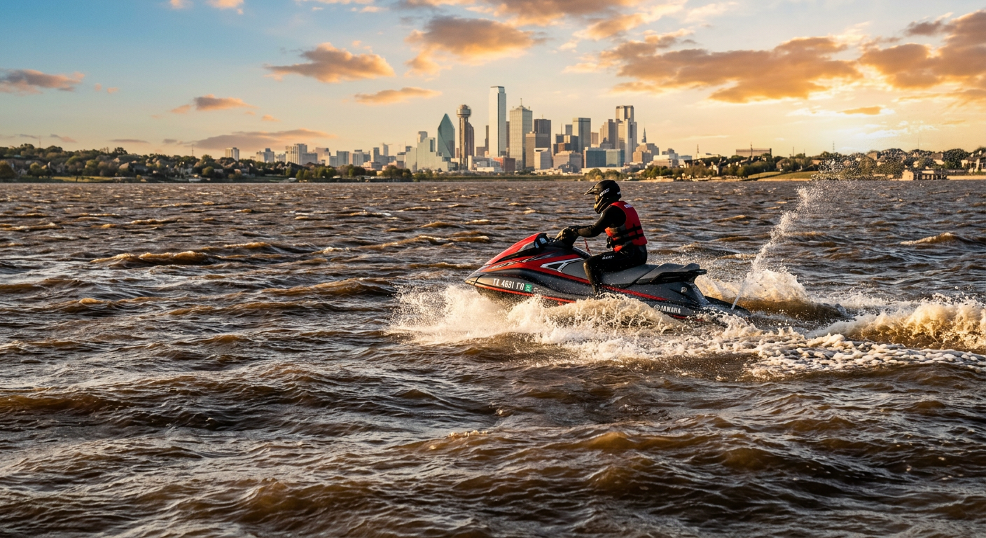 A rider navigating choppy, unwelcoming brown lake waters in the late afternoon Dallas sun