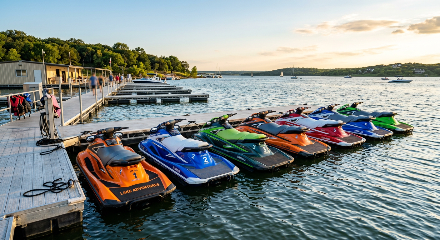 A row of rented jet skis tied to an aluminum dock near Dallas, Texas
