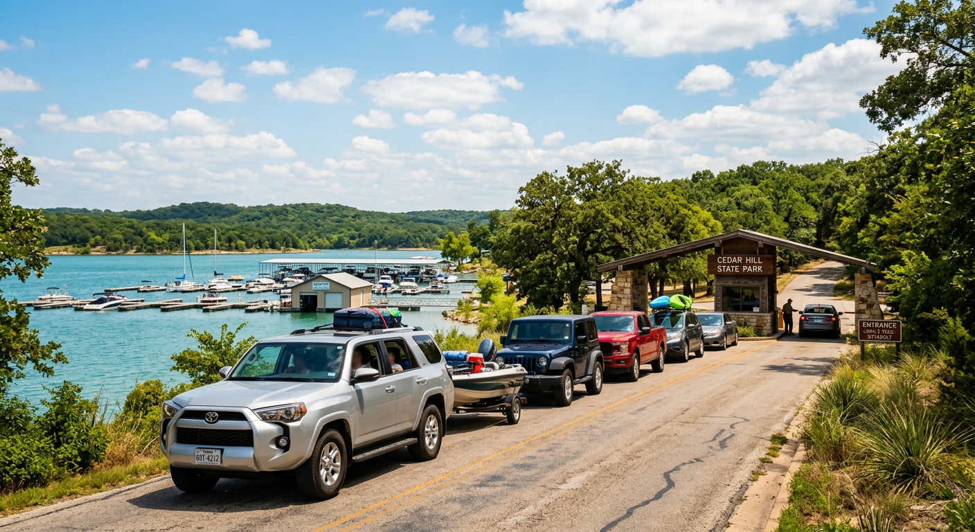 Line of cars waiting at a Texas state park gate near a lake marina under bright summer sun