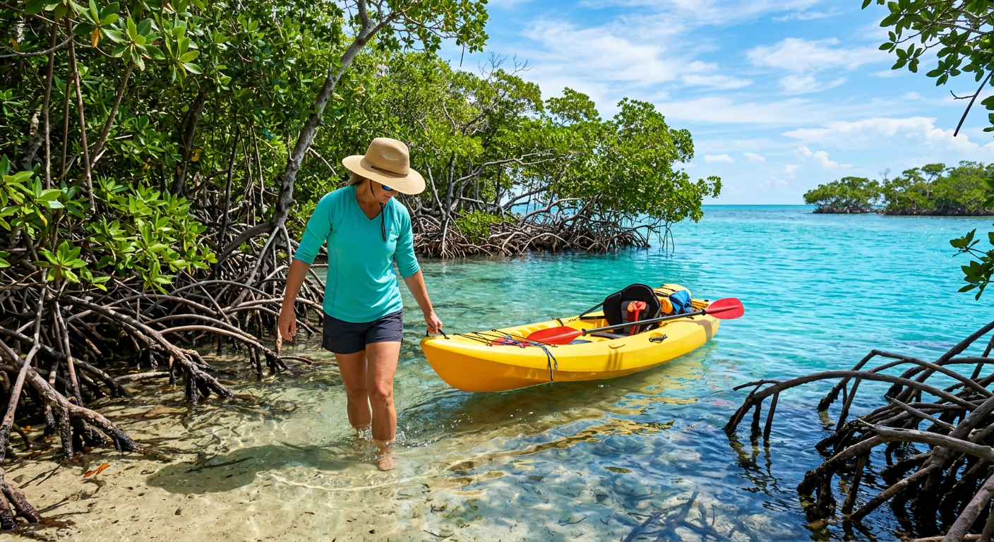 A paddleboarder balancing over bright blue water near mangrove roots in Key West