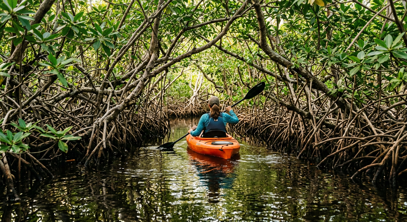 A paddleboard navigates a narrow, tangled mangrove tunnel in Key West