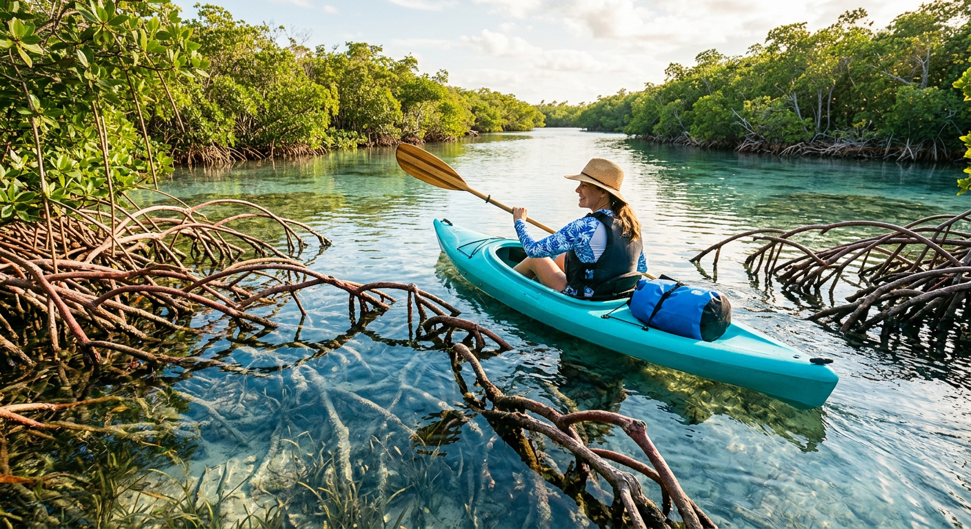 Paddleboard fin navigating through shallow roots and clear water during low tide in the Florida Keys
