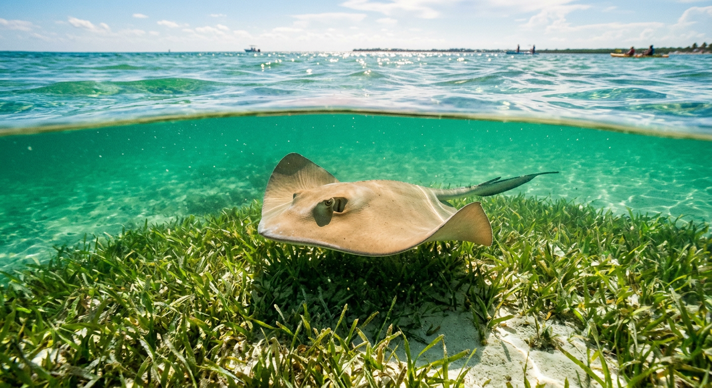 A tan stingray gliding over seagrass in shallow green water viewed from above