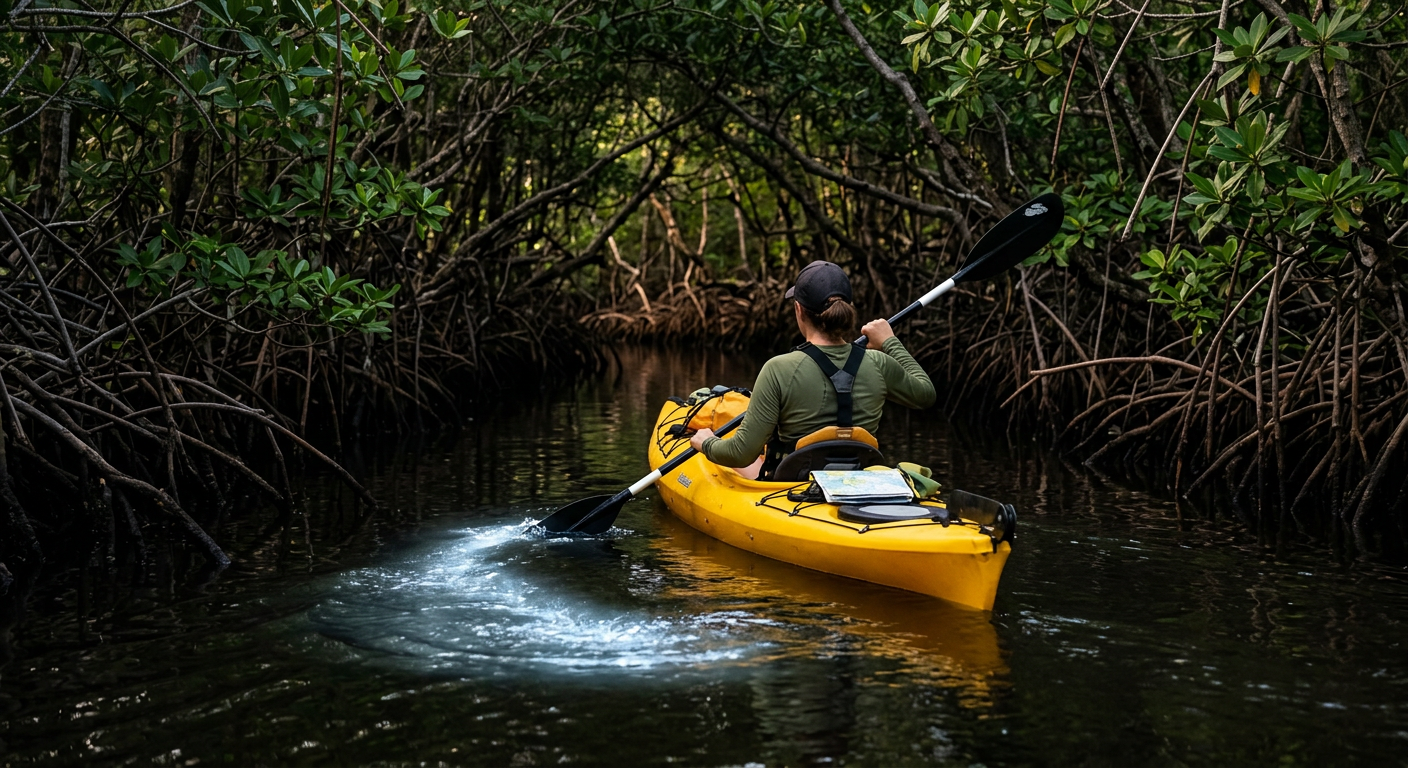 A paddleboarder quietly moving through dark mangrove trails with a faint bioluminescent glow visible