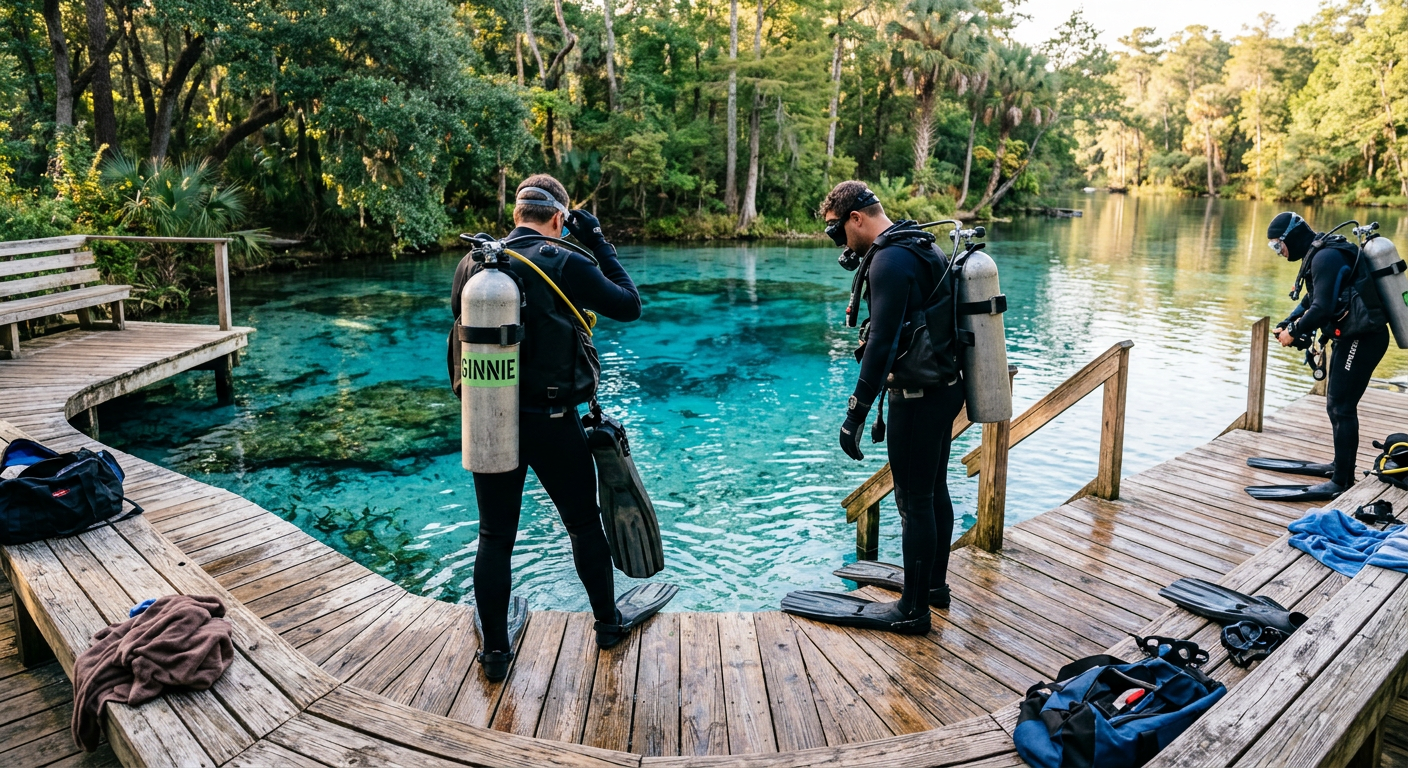 Scuba divers standing on a weathered wooden platform preparing to enter a clear blue spring basin in Central Florida