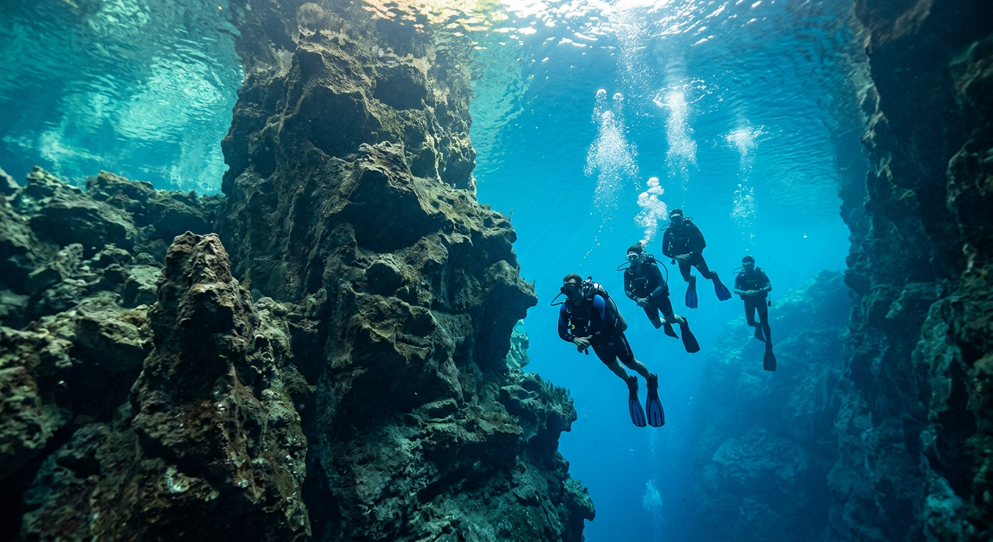 Scuba divers descending past a large underwater limestone rock formation in clear blue spring water