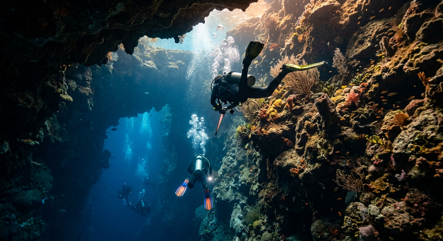 Scuba divers descending past a steep limestone drop-off in a dark cavern