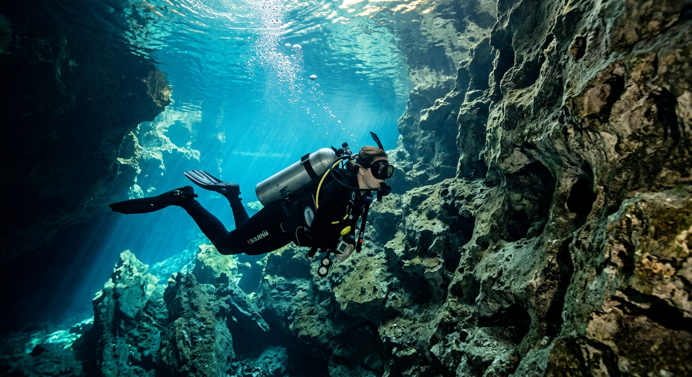 Scuba diver navigating near a limestone cavern wall in clear blue spring water
