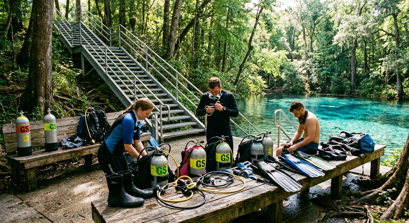 Scuba divers sorting their worn rental gear on wooden benches near the steep metal stairs of a Florida spring