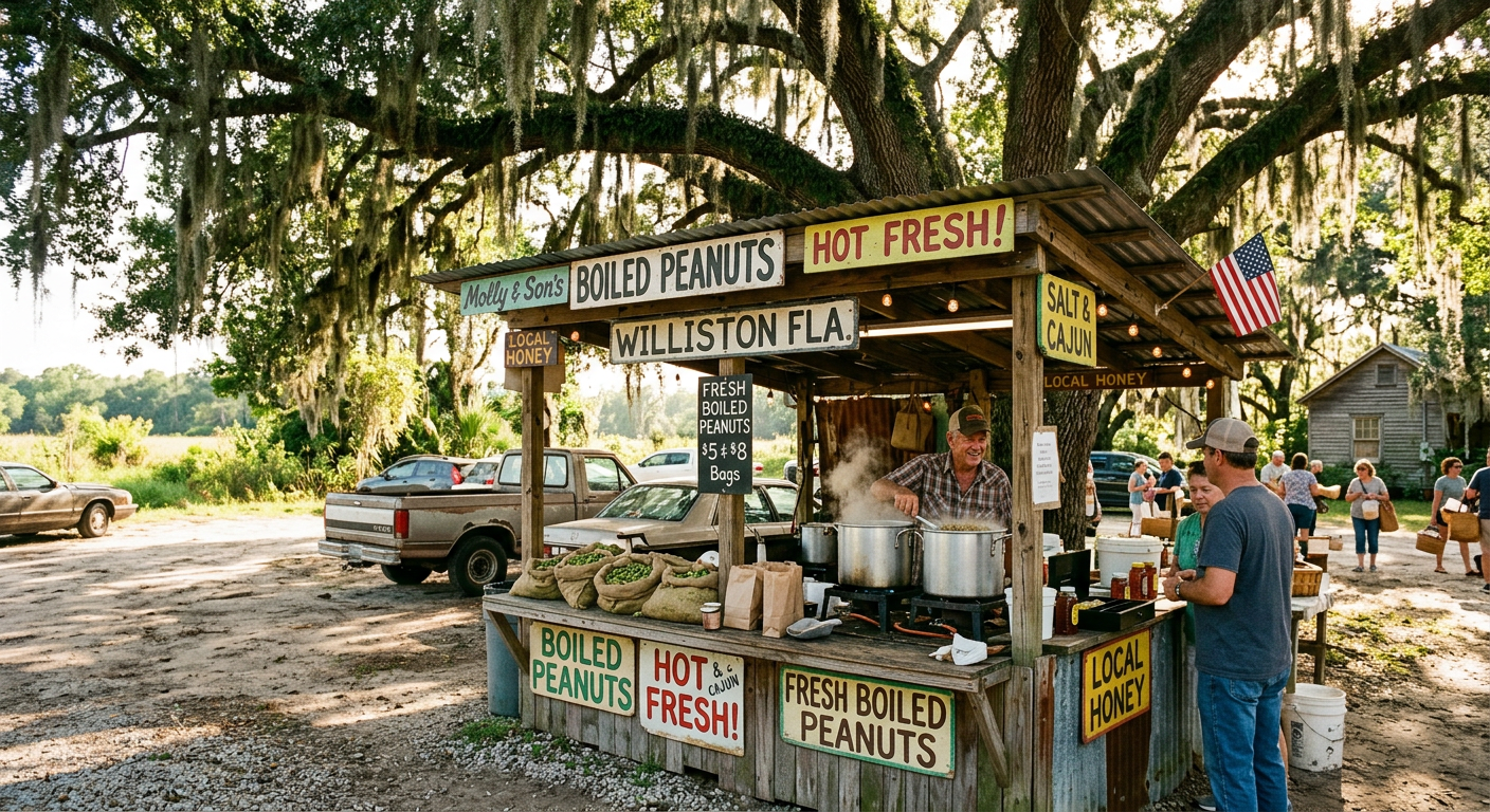 A rustic roadside boiled peanut stand operating out of a dirt lot under large oak trees in Williston Florida