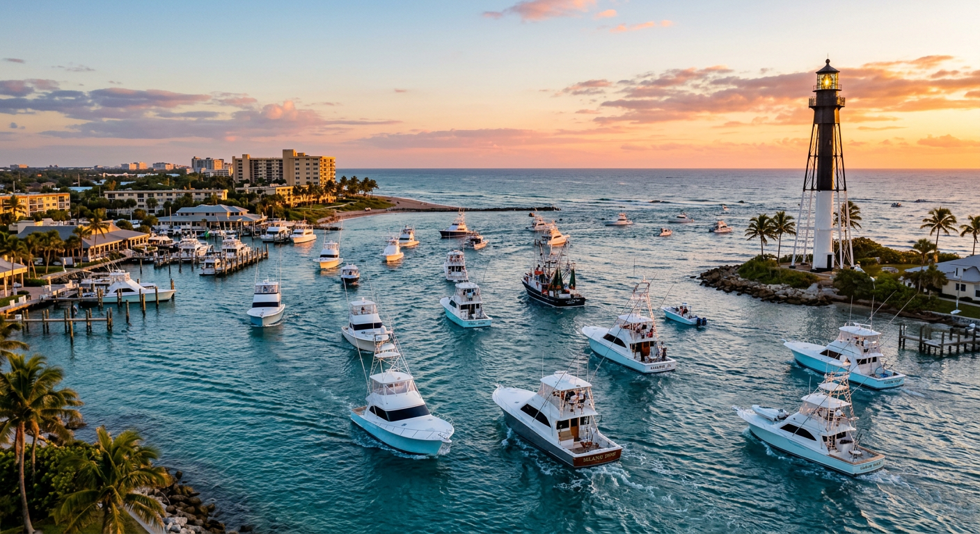 Boats navigating the bustling Hillsboro Inlet at sunrise in Pompano Beach Florida