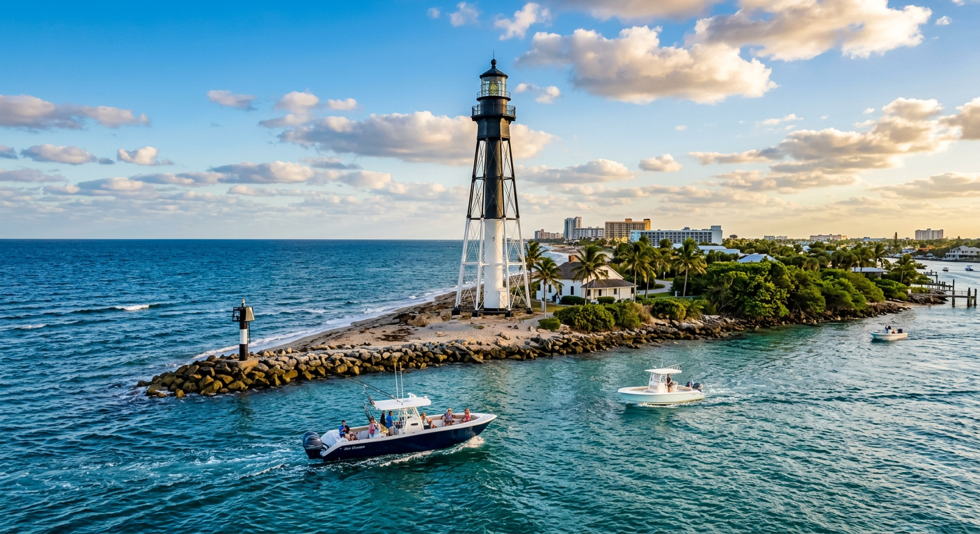The Hillsboro Inlet Lighthouse towering over the water with boats navigating the narrow passage in Pompano Beach