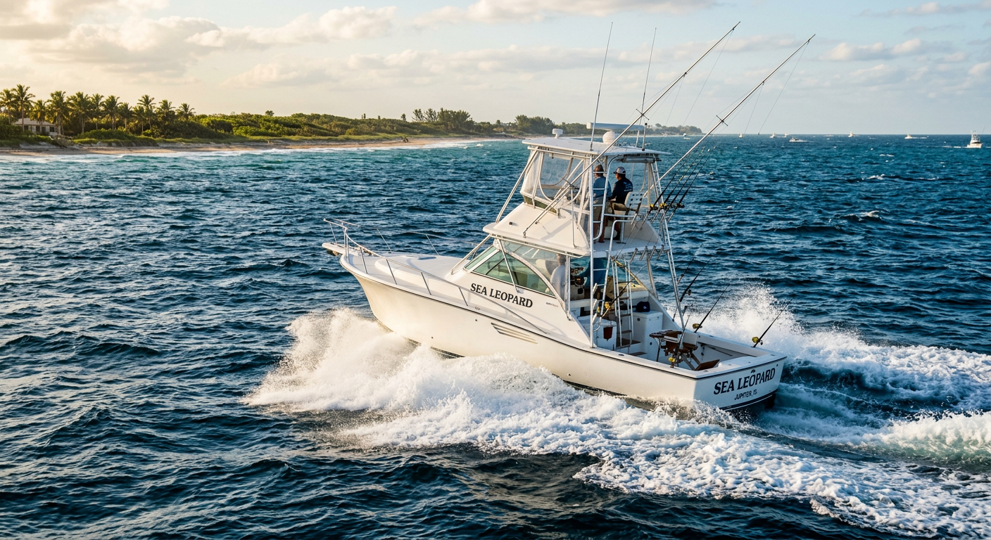 A 35-foot sportfishing boat with a white hull cutting through dark blue ocean chop off the Florida coast