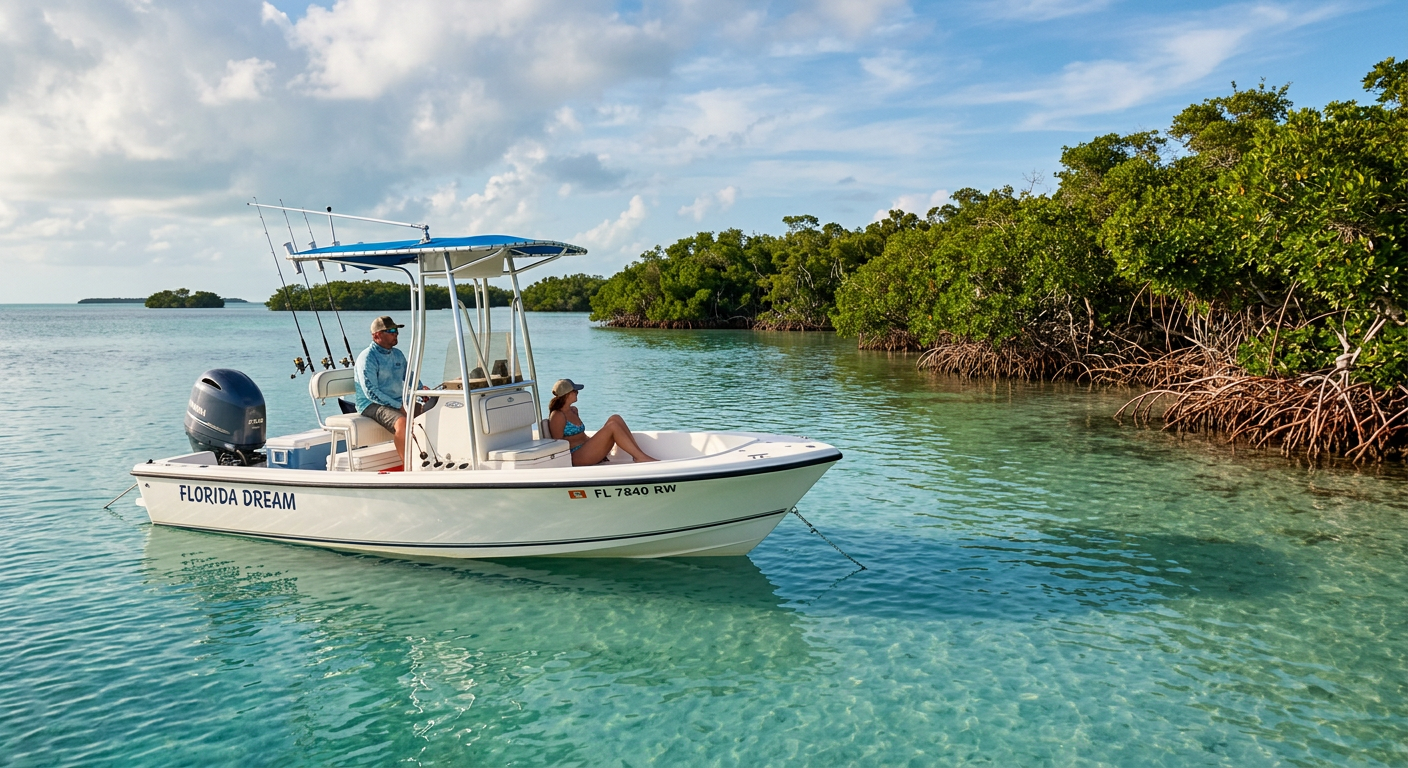 A small center console boat anchored near a quiet mangrove shoreline in South Florida
