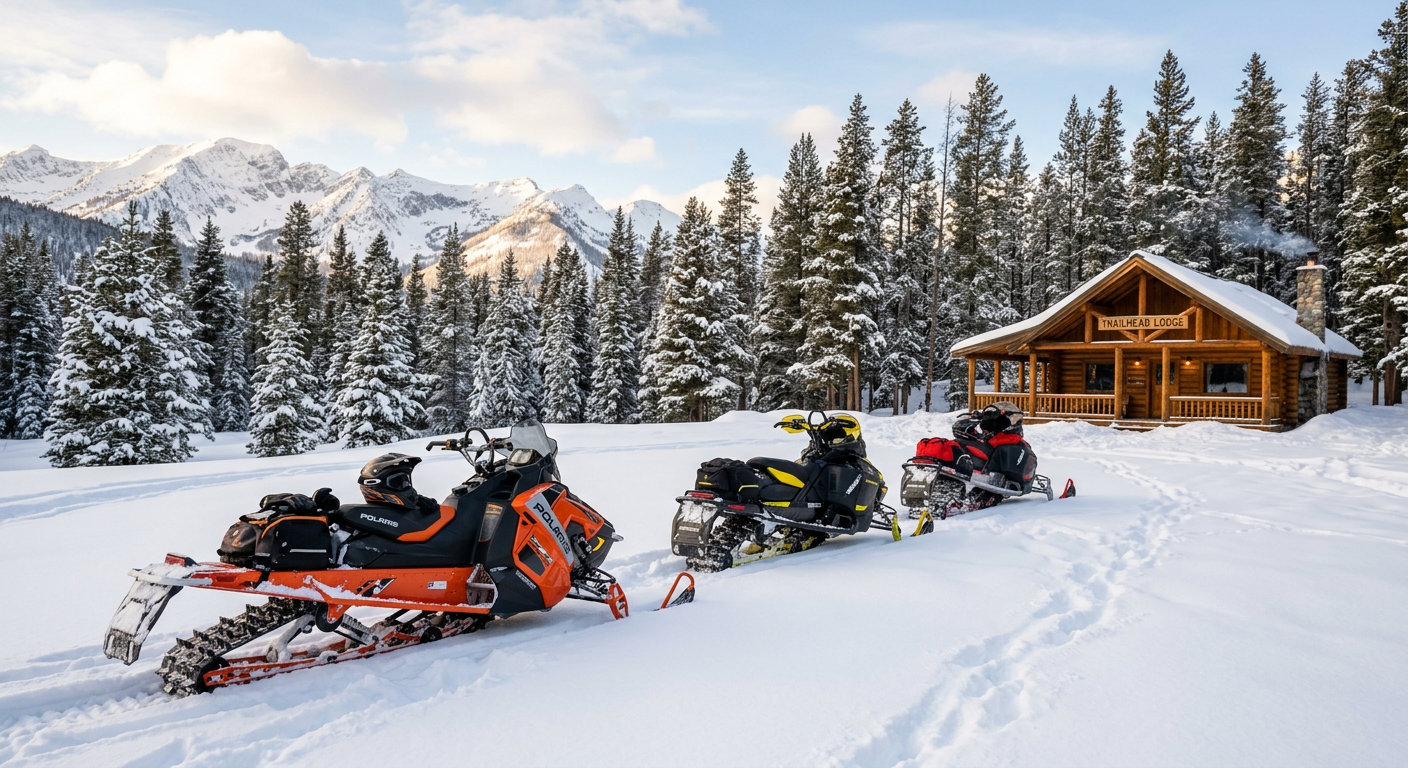 Snowmobiles parked near lodgepole pines in deep white powder in Montana