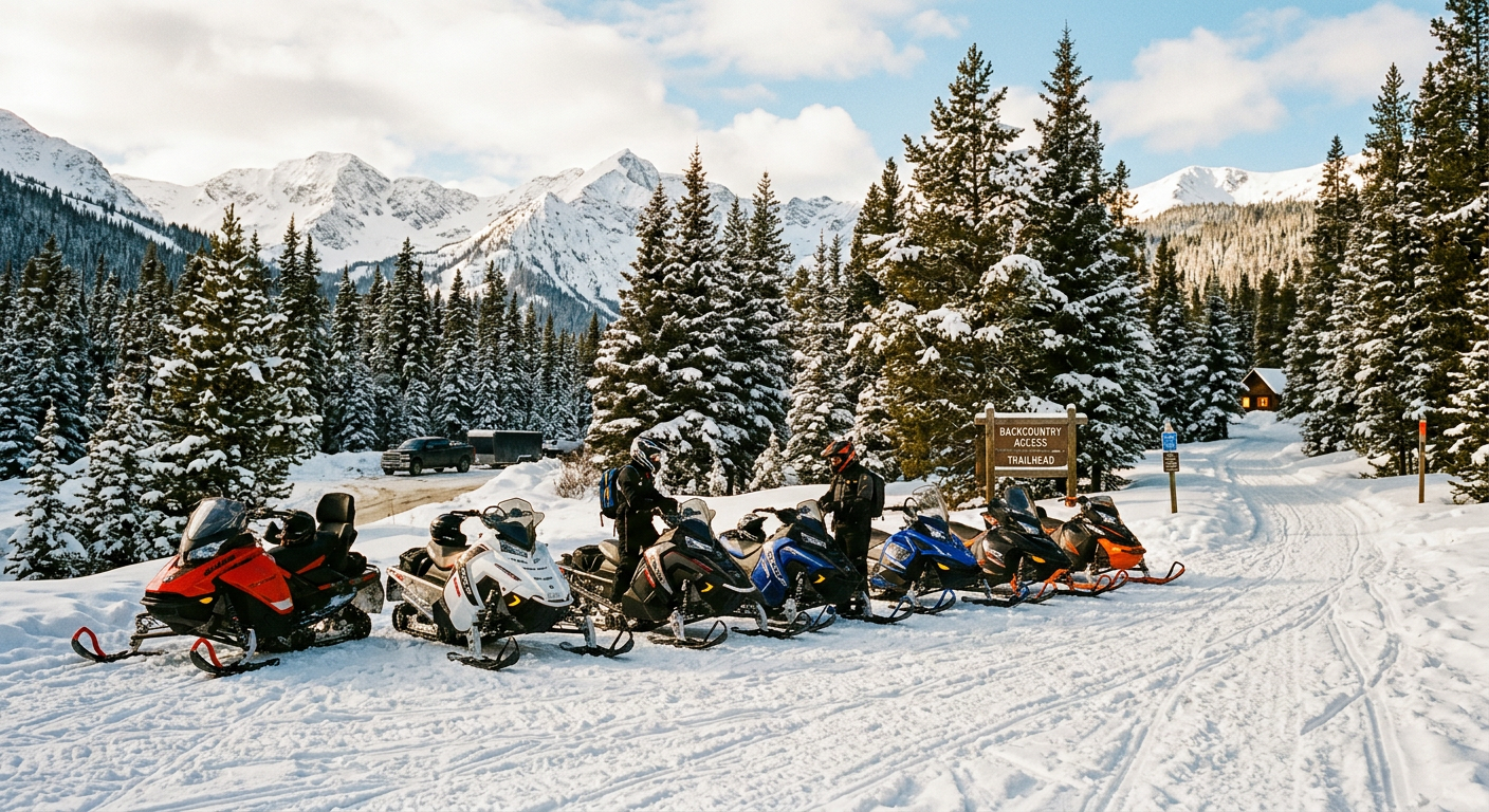 Snowmobiles parked on packed snow at a rugged backcountry trailhead surrounded by pine trees
