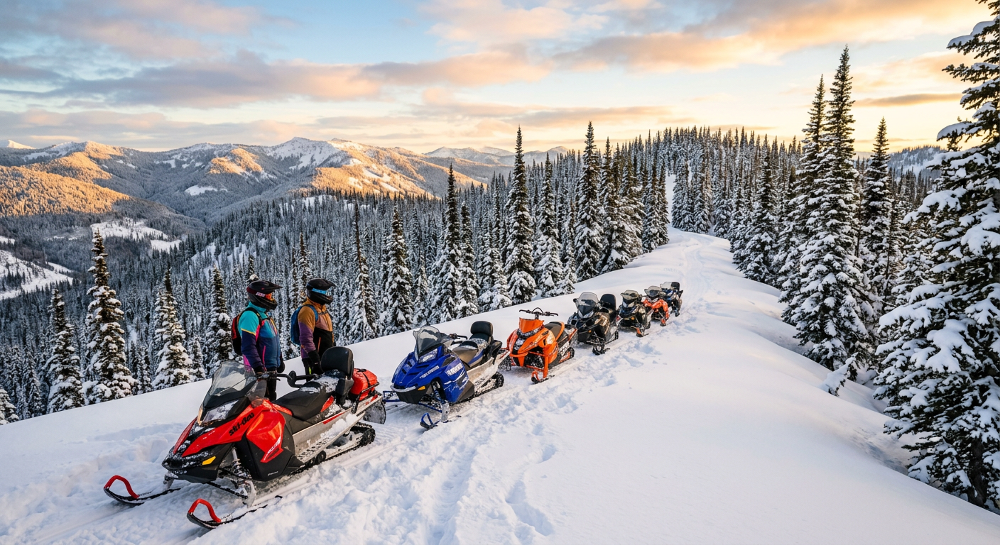 A line of snowmobiles parked on a snowy ridge surrounded by thick lodgepole pine trees in the Flathead National Forest
