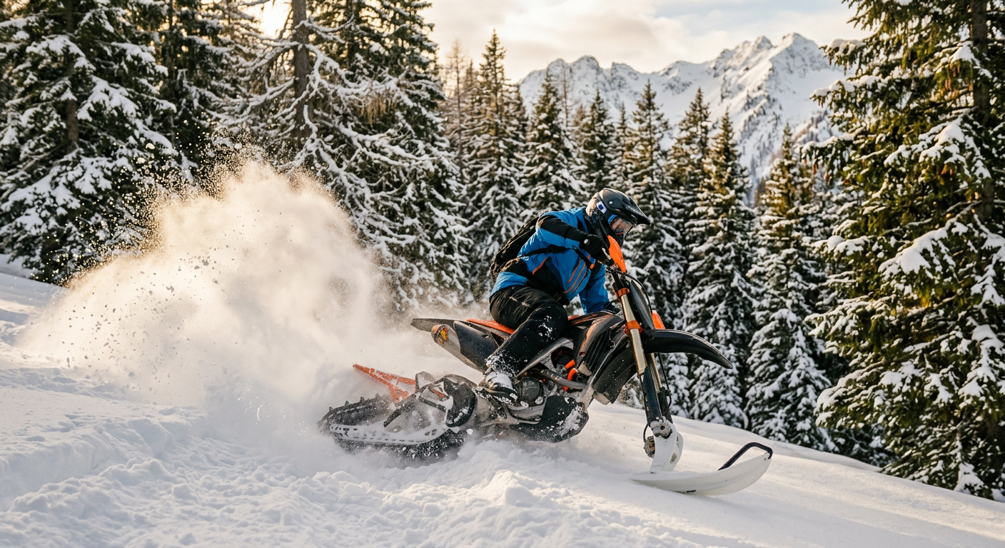 A rider leaning a single-ski snowbike through deep powder between pine trees
