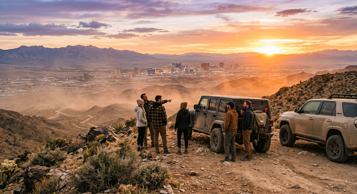 Group of friends standing near off-road vehicles overlooking the dusty Las Vegas valley at sunset
