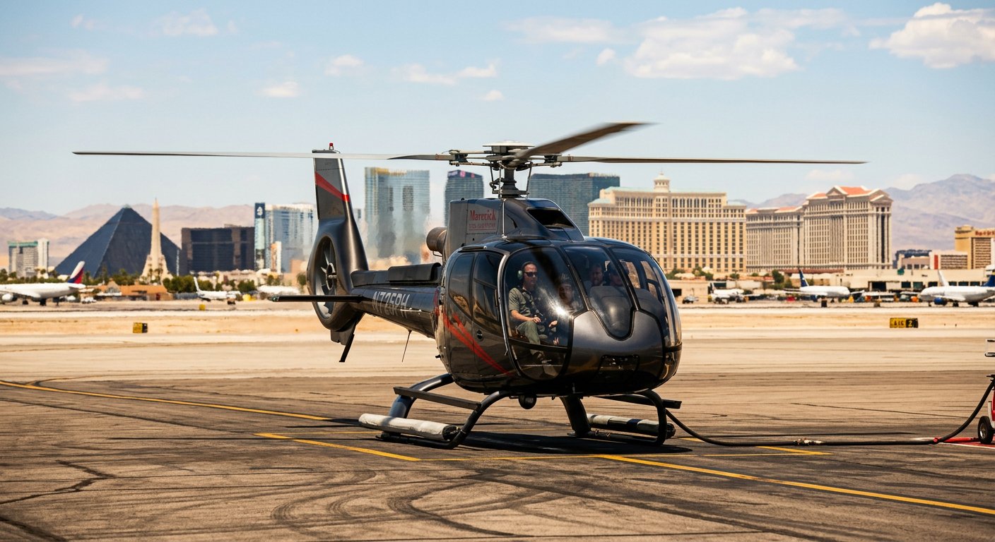 Heat waves distorting the view of a dark helicopter idling on the sun-baked Las Vegas tarmac