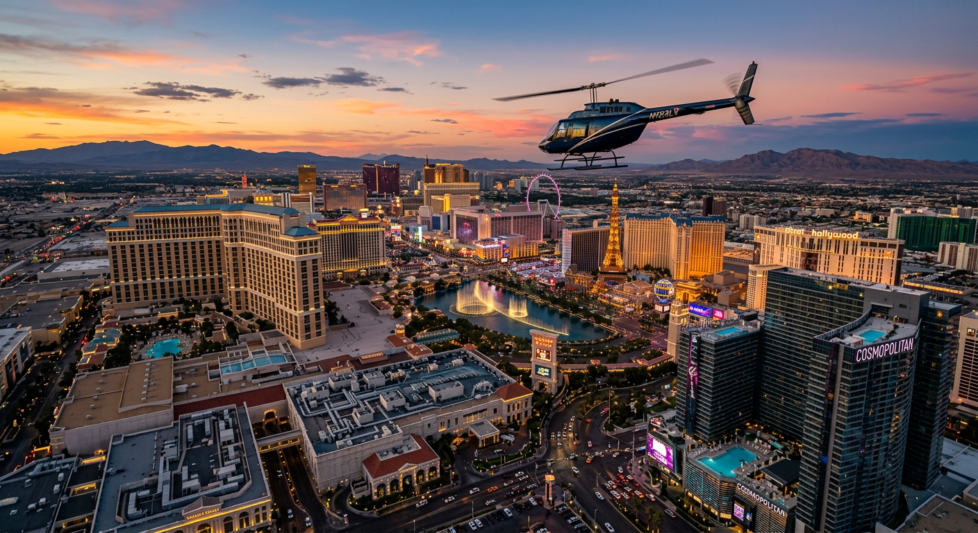 Helicopter flying over the Las Vegas Strip at sunset exposing casino rooftops