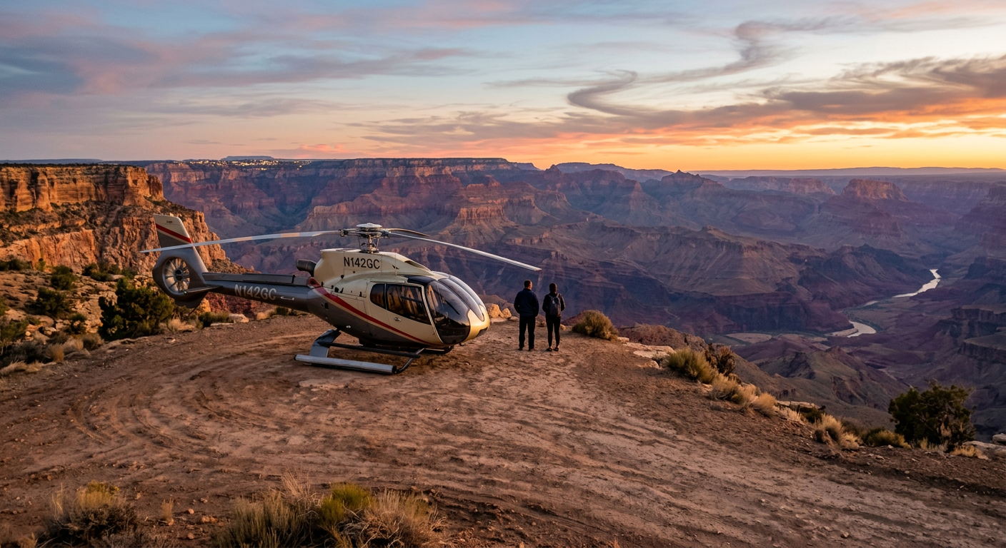 Helicopter parked on a flat dirt ridge overlooking the Grand Canyon during a quiet dusk