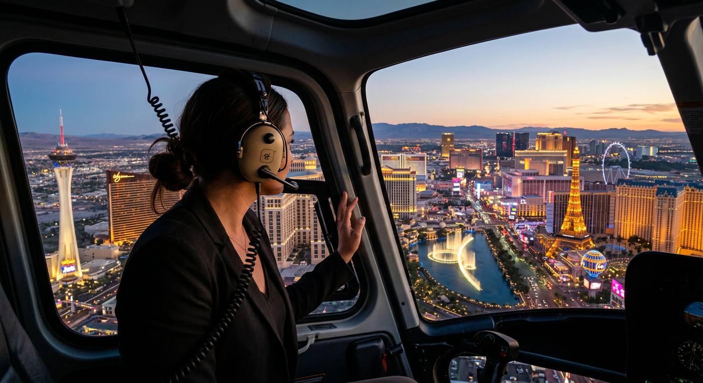 Helicopter passenger wearing an aviation headset looking out over the neon lights of the Las Vegas Strip at dusk