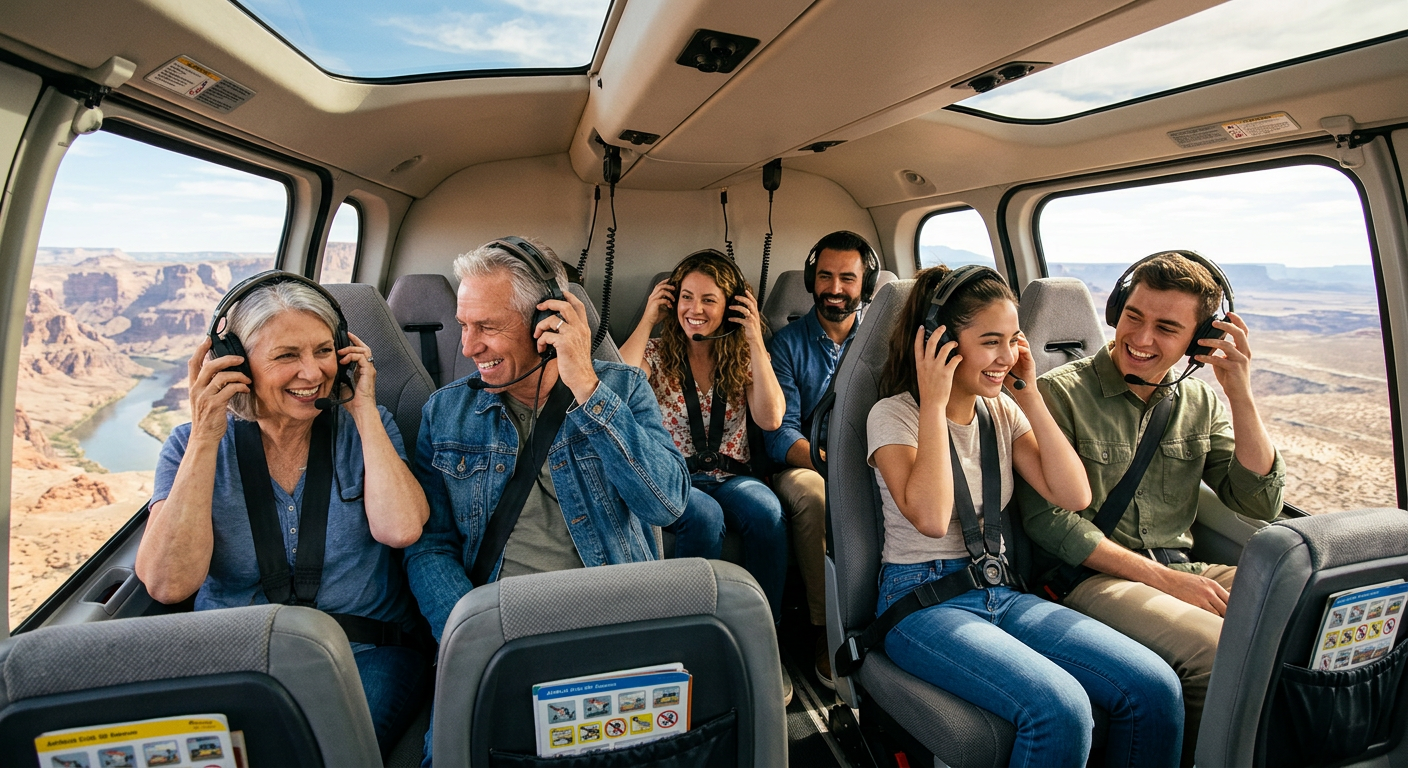 A smiling group adjusting their headsets inside a spacious helicopter cabin over the Nevada landscape