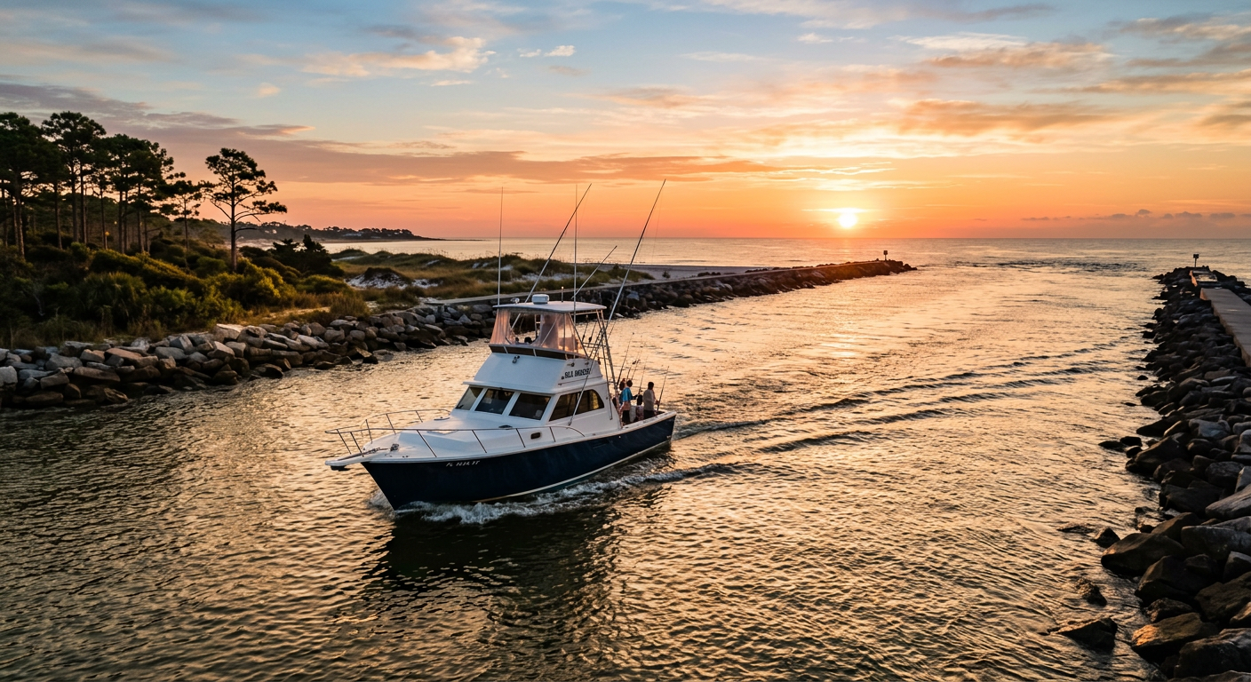 A charter boat heading out through St Andrews Pass at sunrise in Panama City Beach, Florida