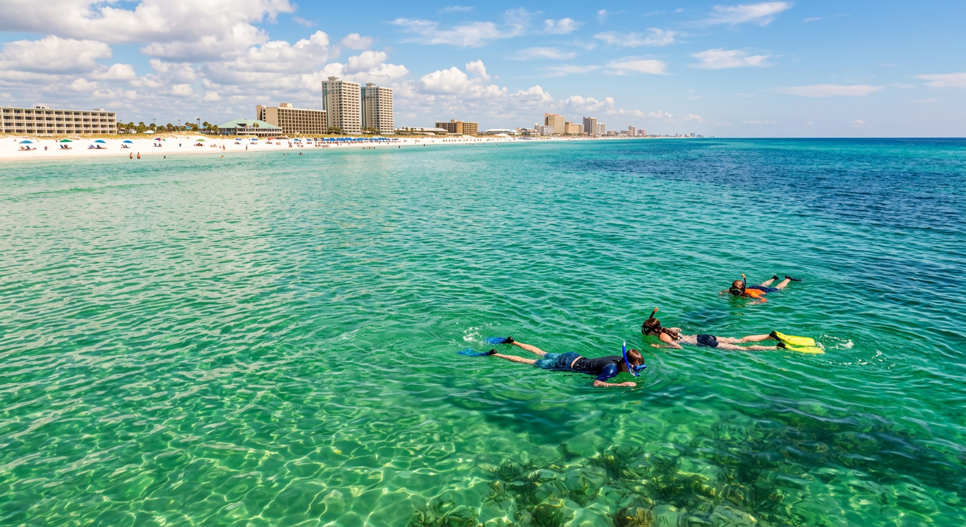 Snorkelers floating quietly in the emerald waters off the coast of Panama City Beach