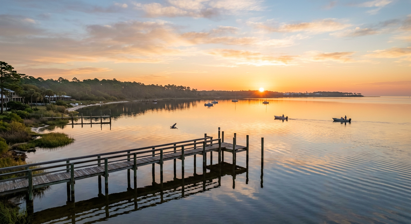 Calm morning waters of St Andrews Bay reflecting the early sunlight in Panama City Beach