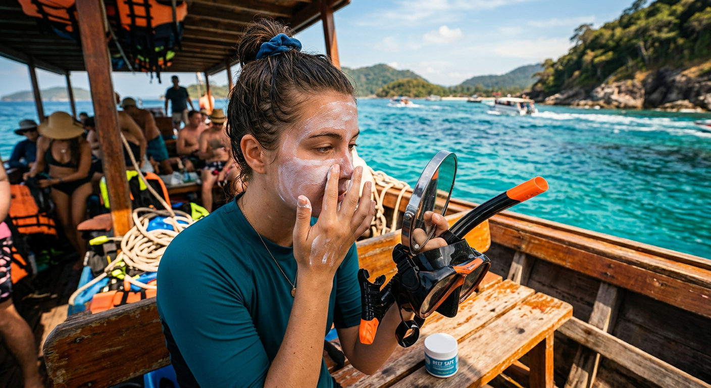 A charter boat passenger applying thick white reef-safe sunscreen on their face before putting on a snorkel mask in the Gulf