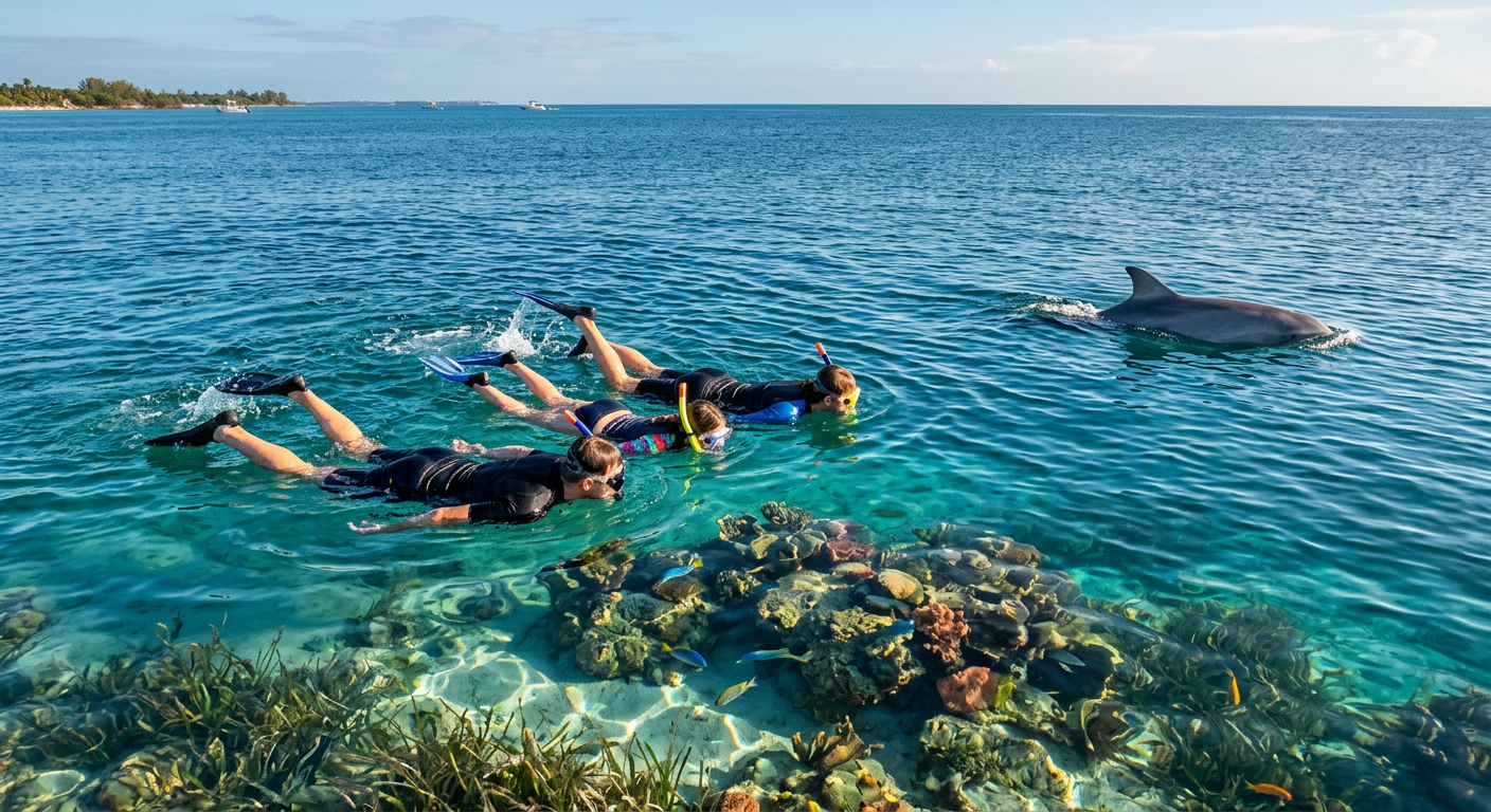 Snorkelers in the Gulf holding position in the water as a bottlenose dolphin swims nearby.