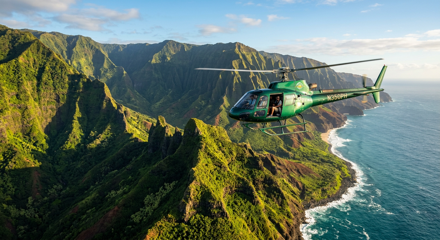 A green tour helicopter flying low over the jagged green ridges of the Na Pali coast