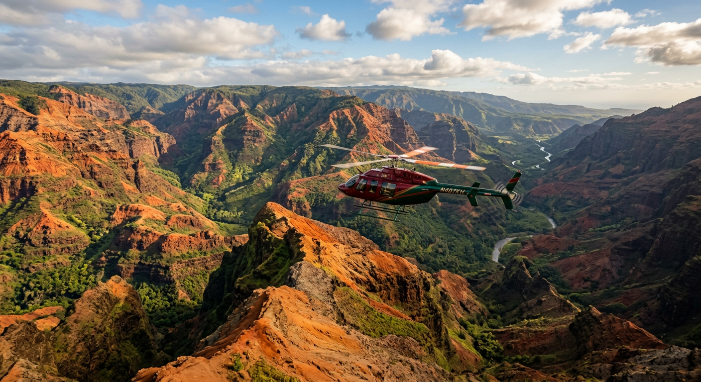 Helicopter flying low over the red dirt ridges of Waimea Canyon