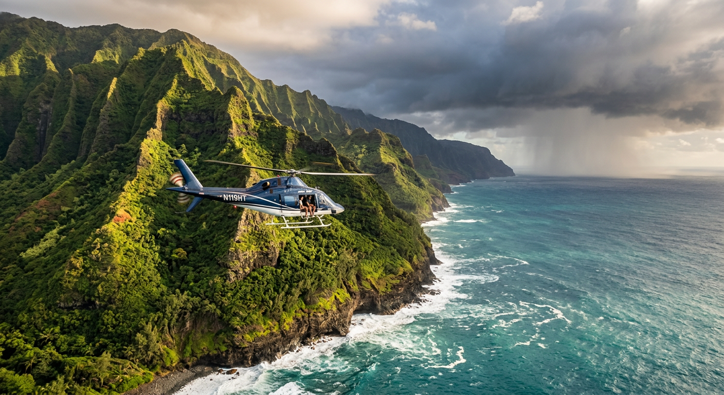 Helicopter flying past steep green cliffs with a mix of sun and dark rain clouds in the distance
