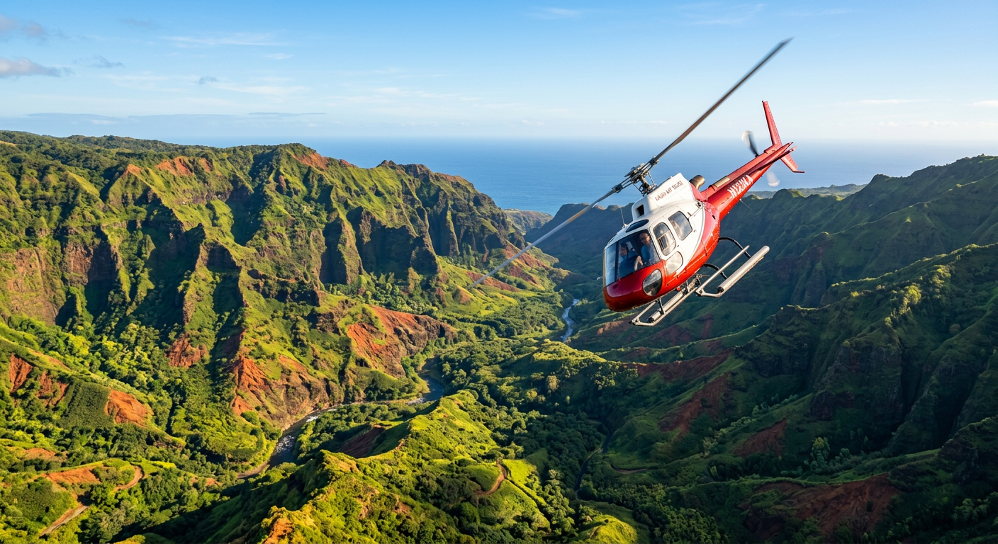 A helicopter banking over the lush green ridges of Waimea Canyon under clear morning skies