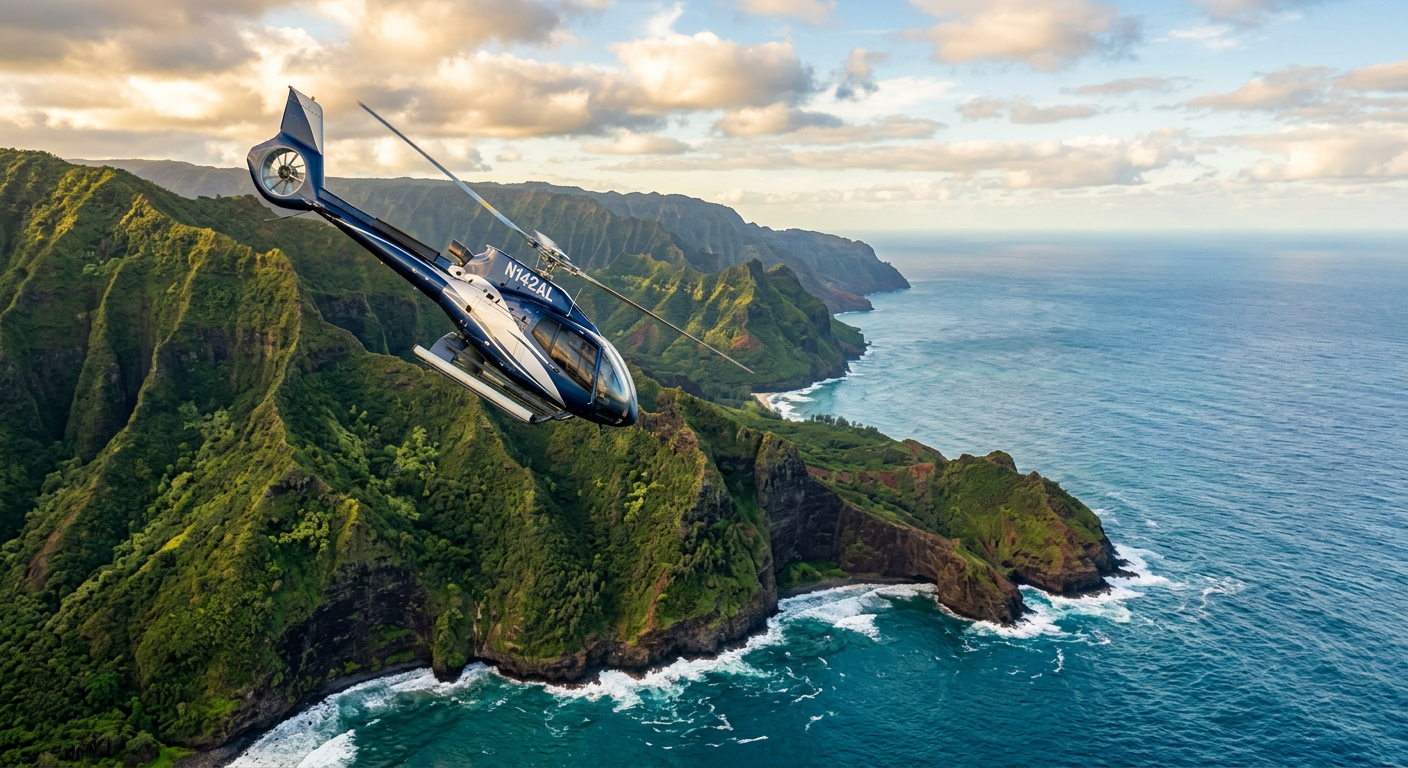 Helicopter banking steeply over the green ridges of the Na Pali coast