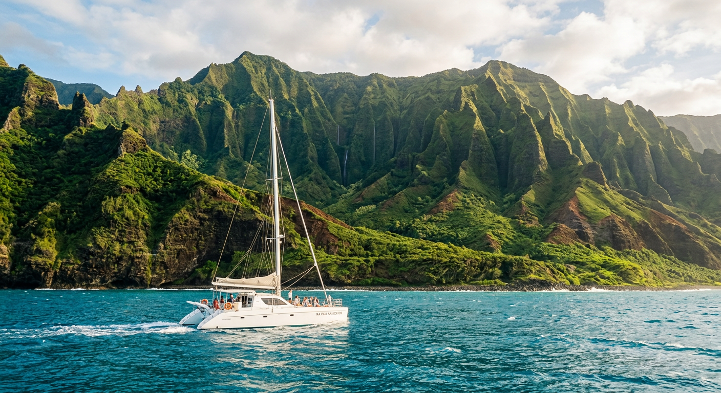 Catamaran cruising along the towering green Na Pali Coast cliffs near Eleele, Hawaii