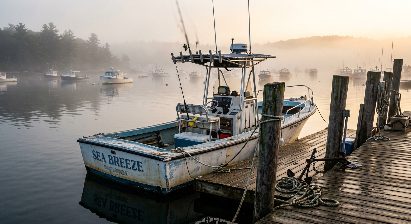 A weathered center console fishing boat tied to a wooden dock surrounded by morning fog