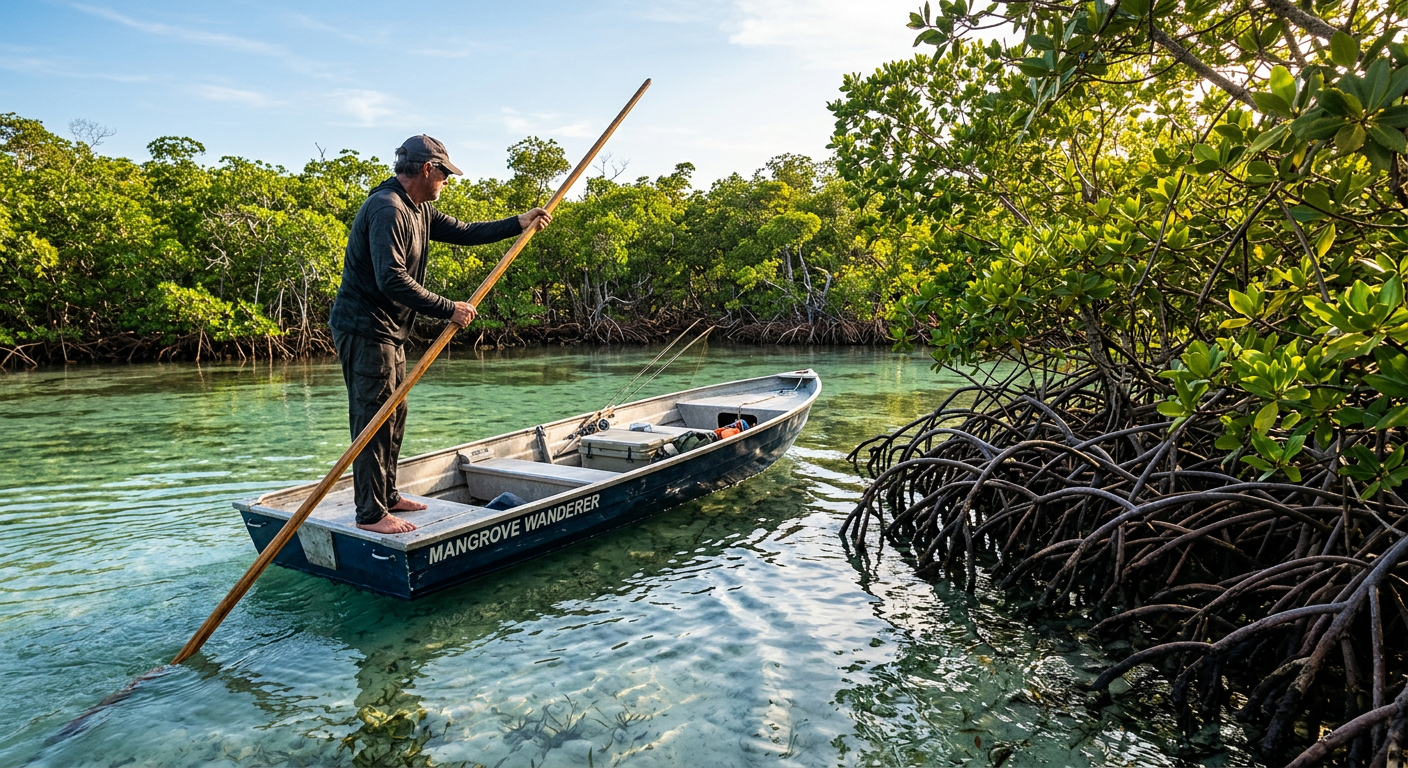 A flat-bottom skiff poling through clear shallow water near dense mangrove roots in Florida